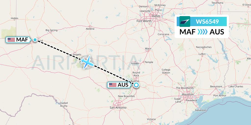 WS6549 WestJet Flight Map: Midland to Austin