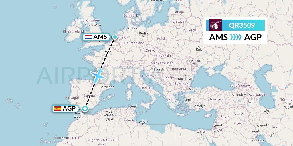 QR3509 Qatar Airways Flight Map: Amsterdam to Malaga
