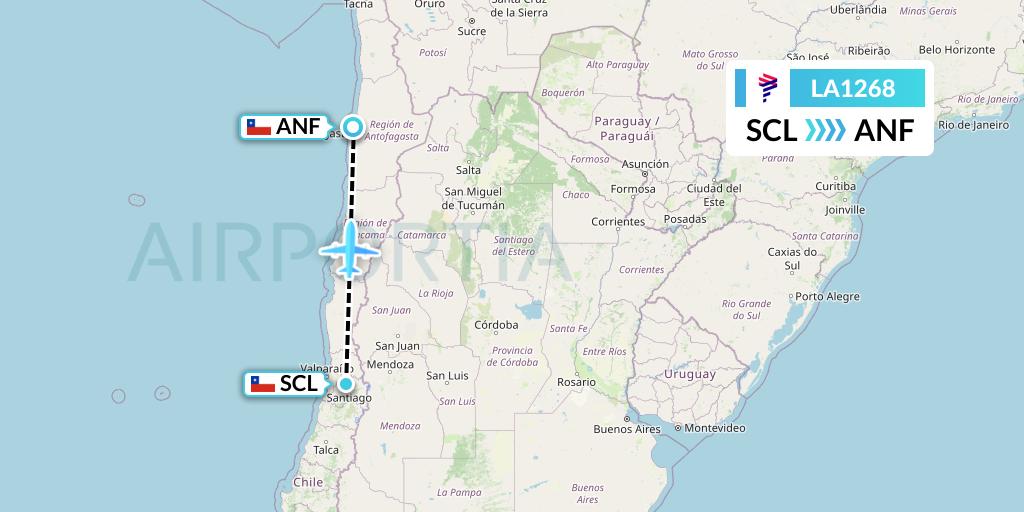 LA1268 LAN Airlines Flight Map: Santiago to Antofagasta