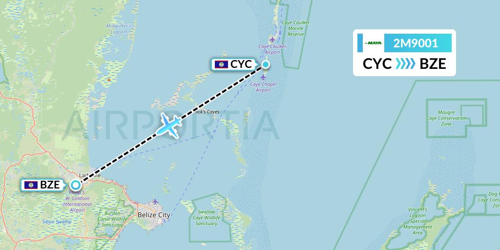 2M9001 Maya Island Air Flight Map: Caye Chapel to Belize City