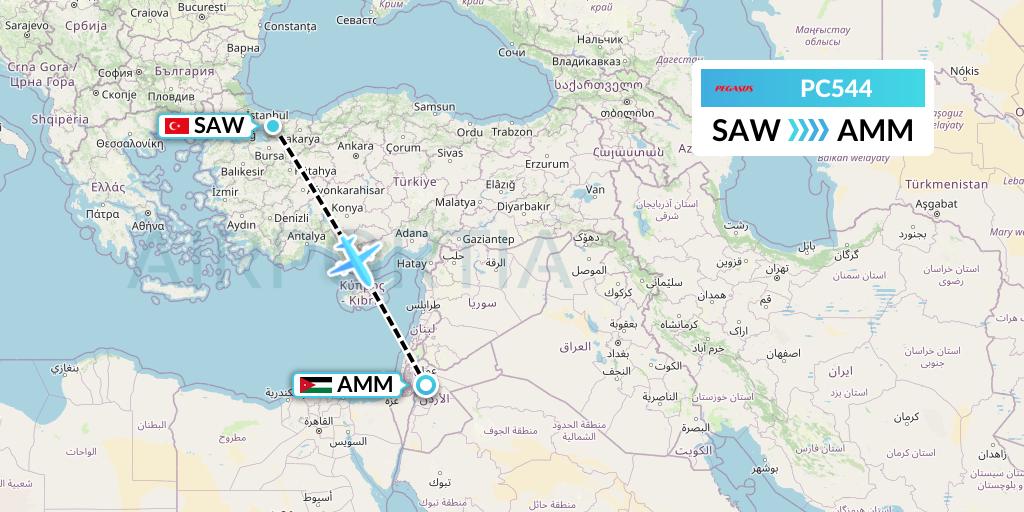 PC544 Pegasus Airlines Flight Map: Istanbul to Amman