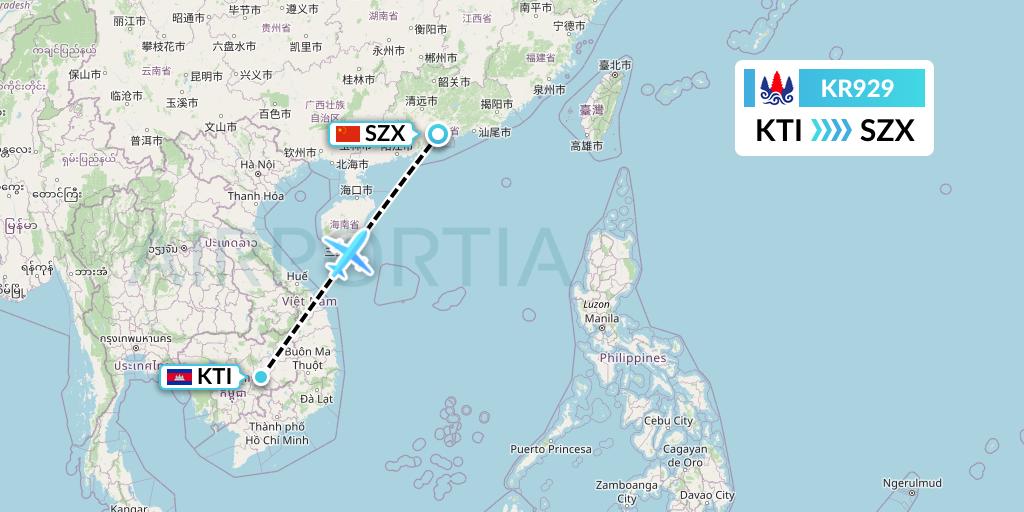 KR929 Cambodia Airways Flight Map: Kratie to Shenzhen
