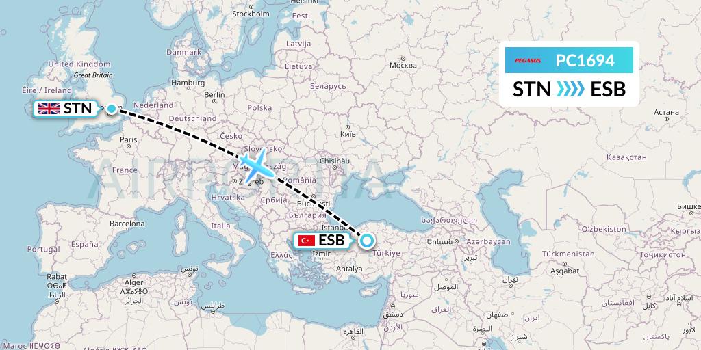 PC1694 Pegasus Airlines Flight Map: London to Ankara