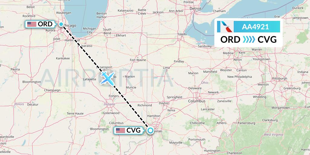 AA4921 American Airlines Flight Map: Chicago to Cincinnati