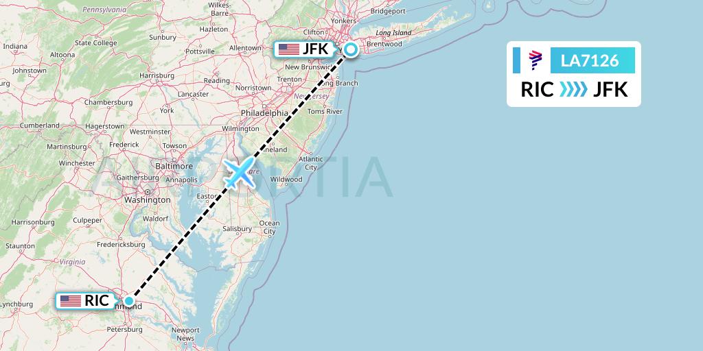 LA7126 LAN Airlines Flight Map: Richmond to New York
