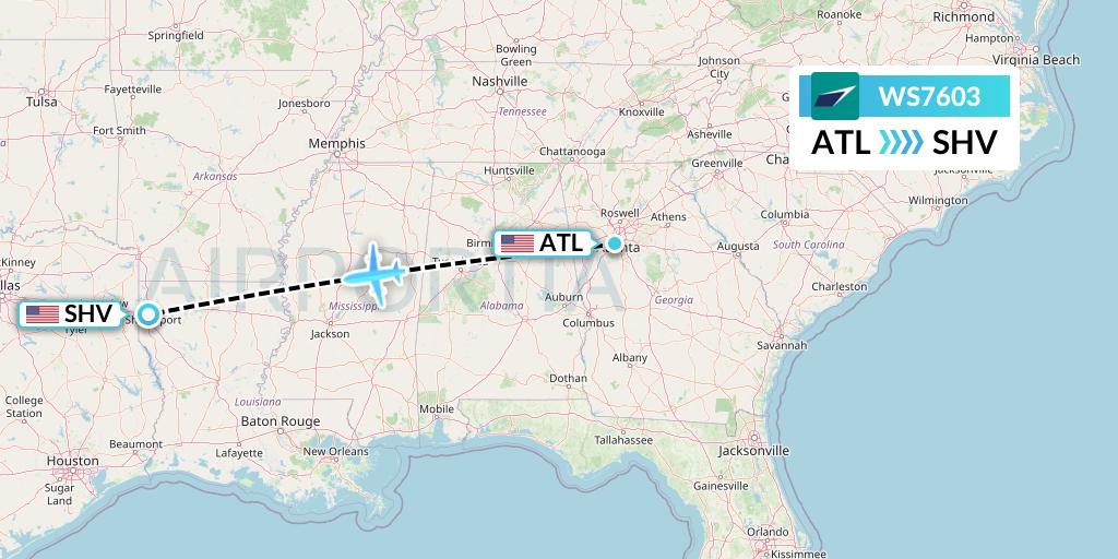 WS7603 WestJet Flight Map: Atlanta to Shreveport