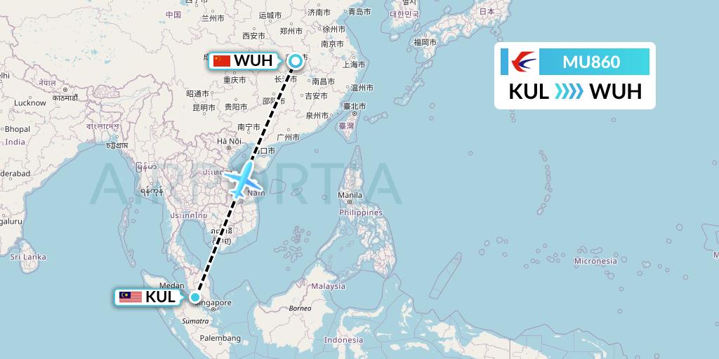 MU860 China Eastern Airlines Flight Map: Kuala Lumpur to Wuhan