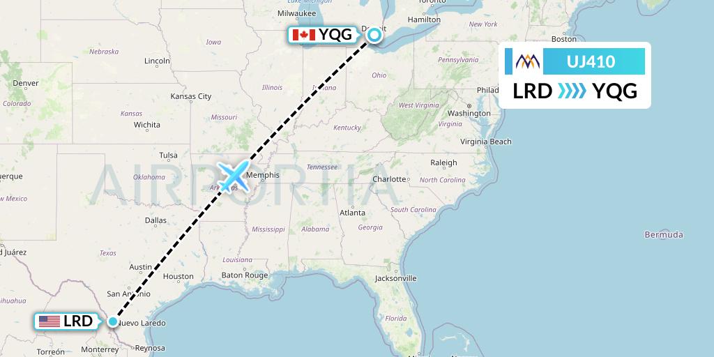 UJ410 AlMasria Universal Airlines Flight Map: Laredo to Windsor
