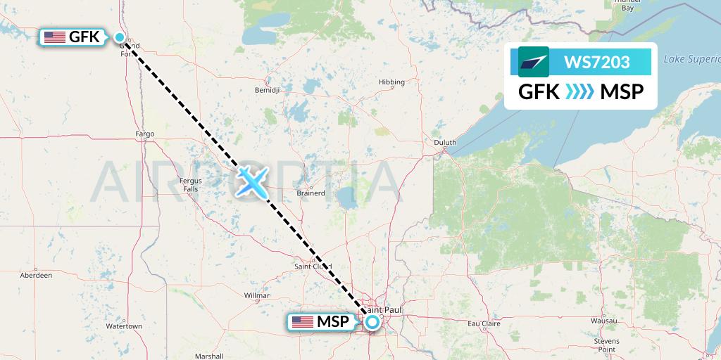 WS7203 WestJet Flight Map: Grand Forks to Minneapolis