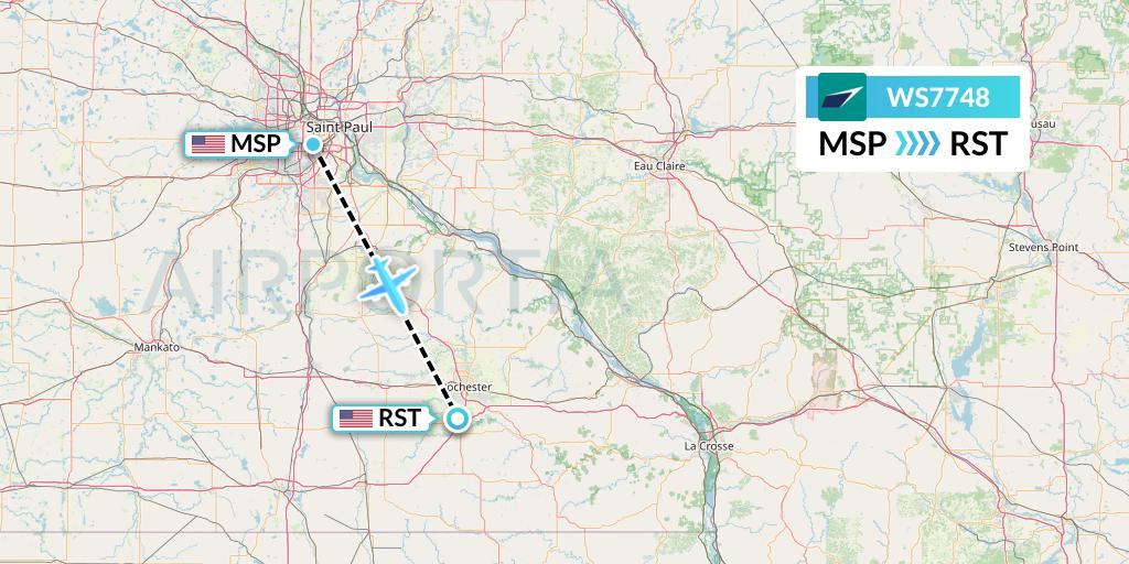 WS7748 WestJet Flight Map: Minneapolis to Rochester