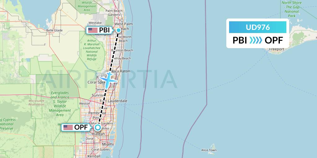 UD976 UR Airlines Flight Map: West Palm Beach to Miami
