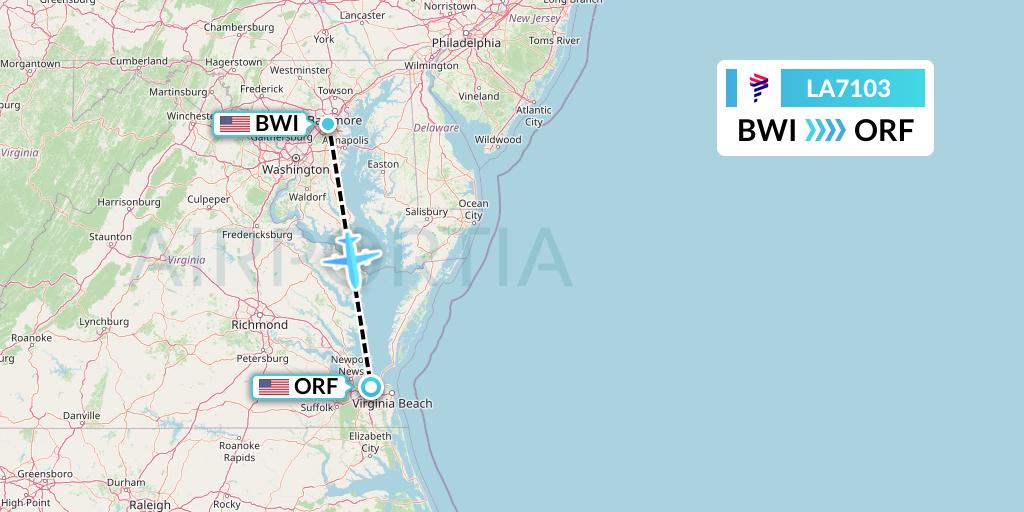 LA7103 LAN Airlines Flight Map: Baltimore to Norfolk