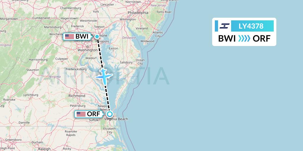 LY4378 El Al Flight Map: Baltimore to Norfolk