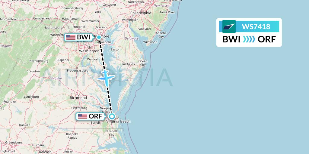 WS7418 WestJet Flight Map: Baltimore to Norfolk