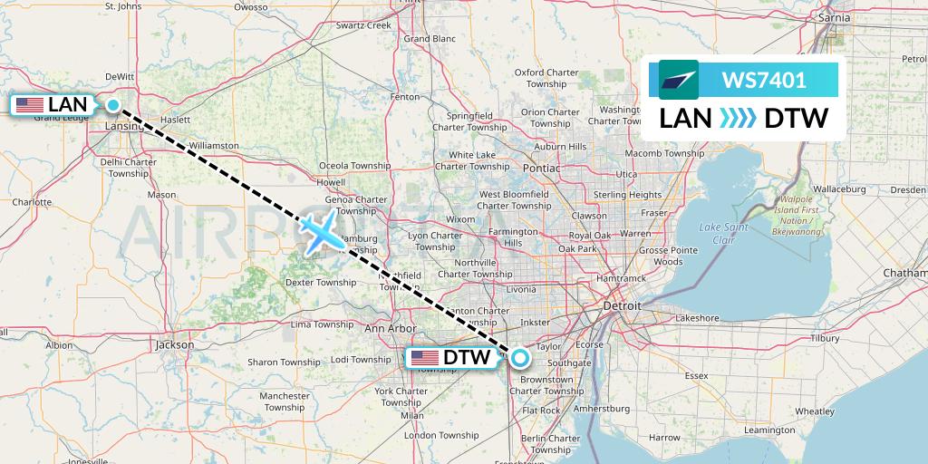 WS7401 WestJet Flight Map: Lansing to Detroit