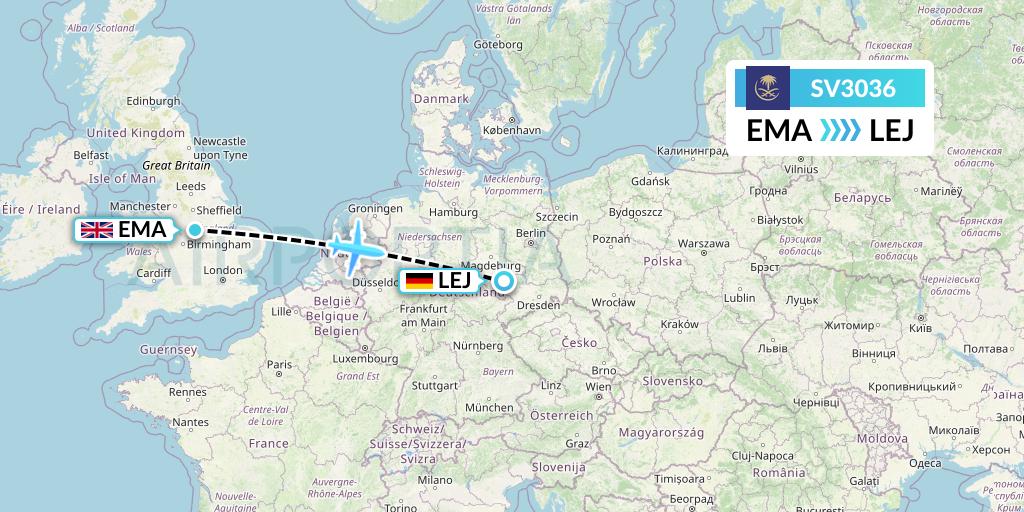 SV3036 Saudi Arabian Airlines Flight Map: East Midlands to Leipzig