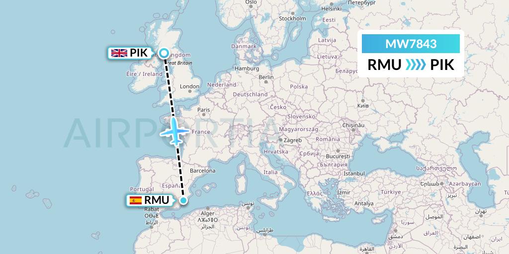 MW7843 Mokulele Flight Service Flight Map: Murcia to Prestwick