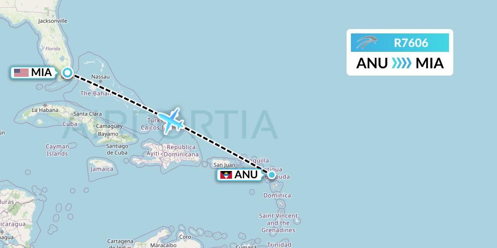 R7606 Aserca Airlines Flight Map: Antigua to Miami