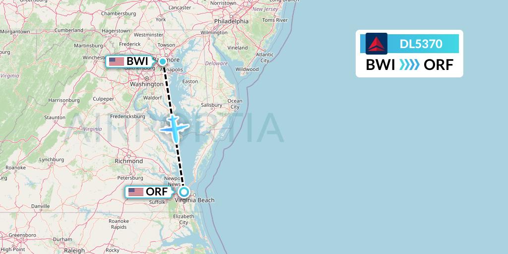 DL5370 Delta Air Lines Flight Map: Baltimore to Norfolk