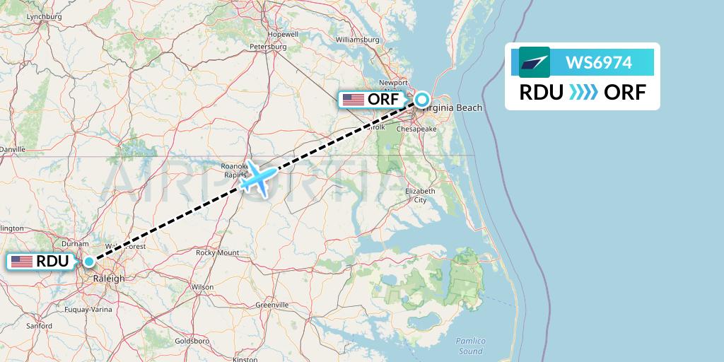WS6974 WestJet Flight Map: Raleigh-Durham to Norfolk