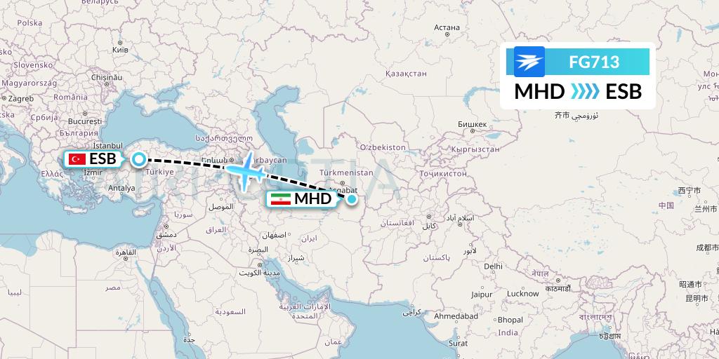 FG713 Ariana Afghan Airlines Flight Map: Mashhad to Ankara
