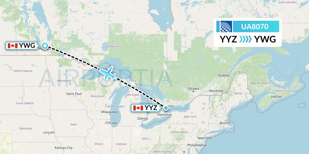 UA8070 United Airlines Flight Map: Toronto to Winnipeg