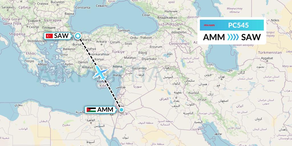 PC545 Pegasus Airlines Flight Map: Amman to Istanbul