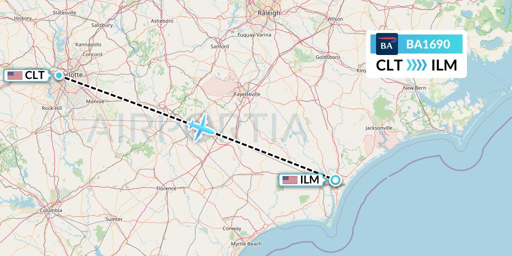BA1690 British Airways Flight Map: Charlotte to Wilmington