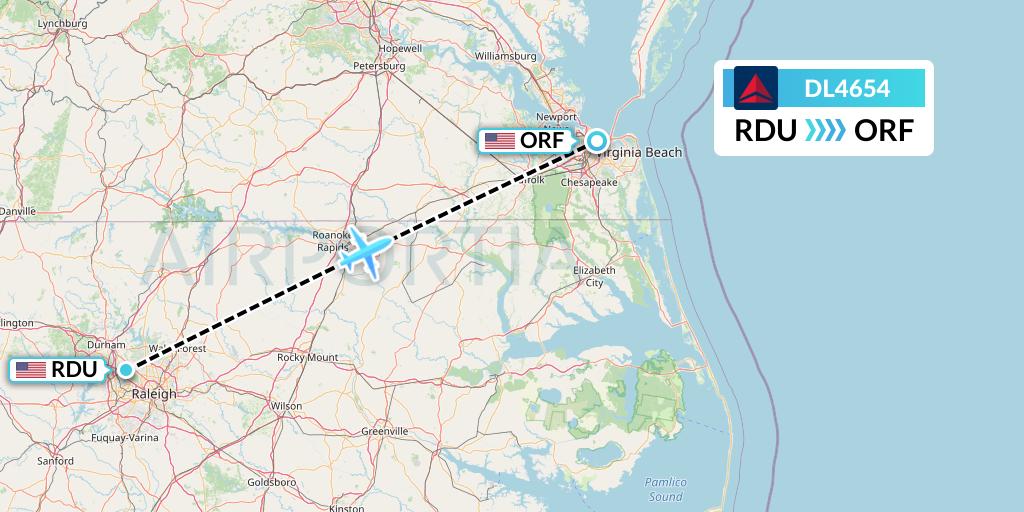 DL4654 Delta Air Lines Flight Map: Raleigh-Durham to Norfolk