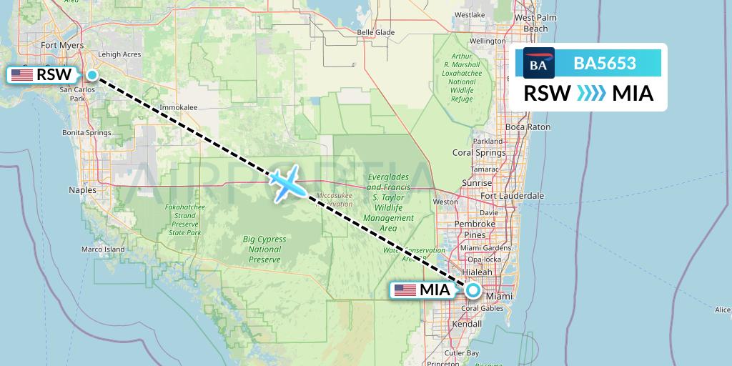 BA5653 British Airways Flight Map: Fort Myers to Miami
