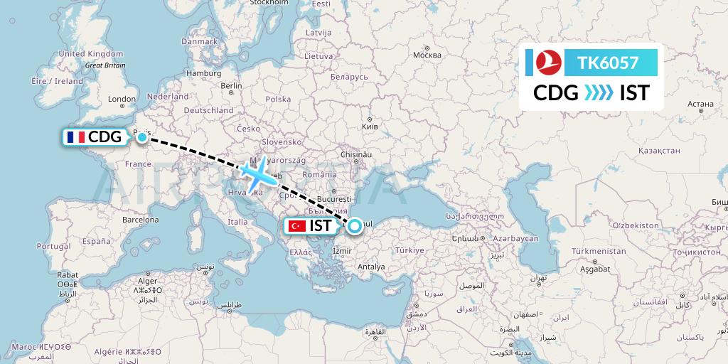 TK6057 Turkish Airlines Flight Map: Paris to Istanbul