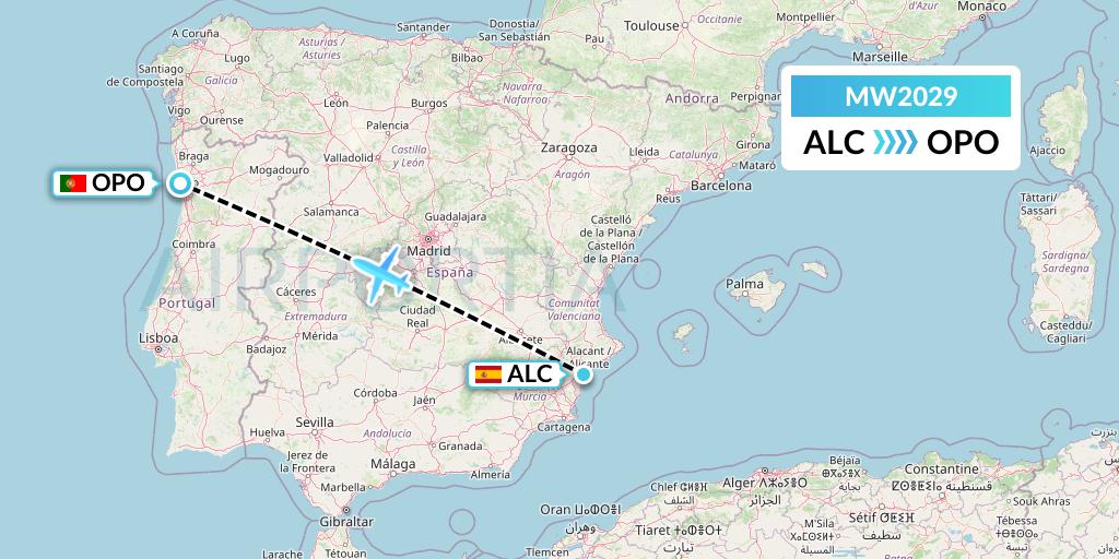 MW2029 Mokulele Flight Service Flight Map: Alicante to Porto