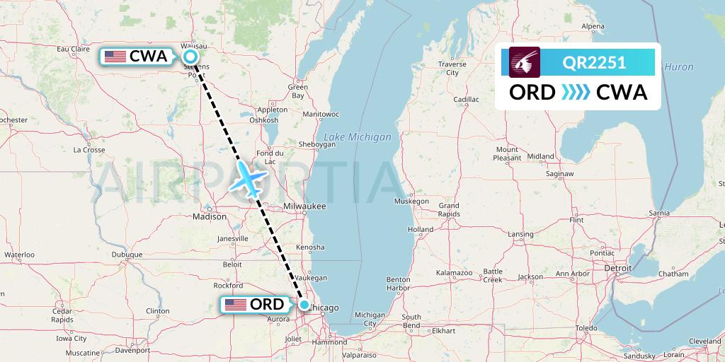 QR2251 Qatar Airways Flight Map: Chicago to Wausau