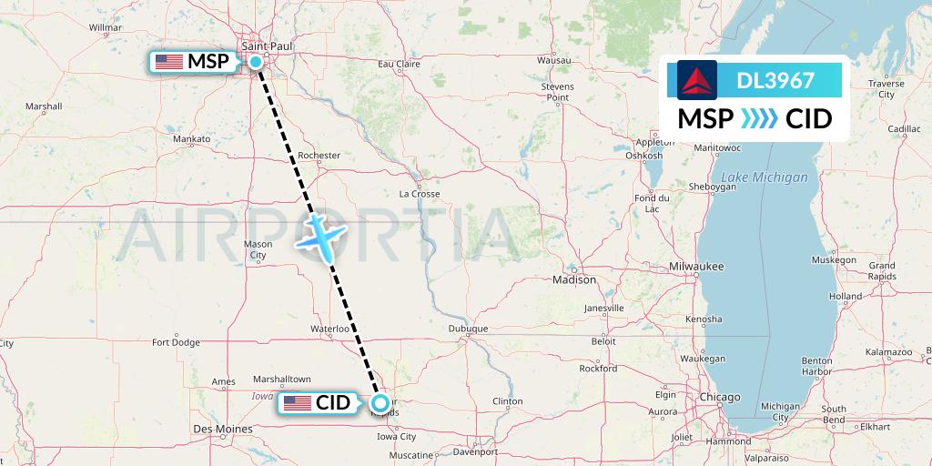 DL3967 Delta Air Lines Flight Map: Minneapolis to Cedar Rapids
