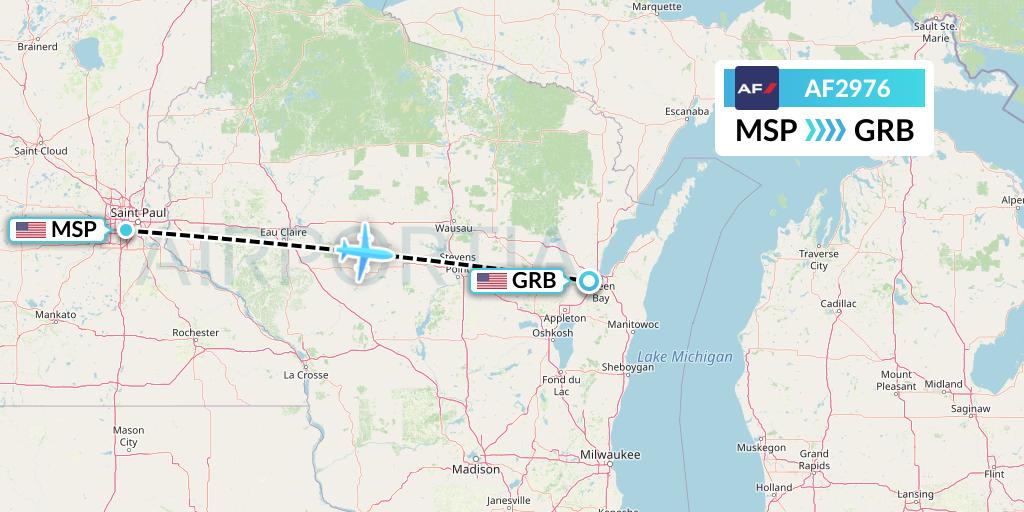 AF2976 Air France Flight Map: Minneapolis to Green Bay
