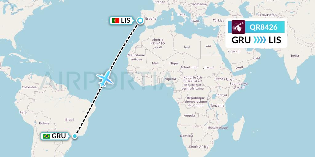 QR8426 Qatar Airways Flight Map: Sao Paulo to Lisbon