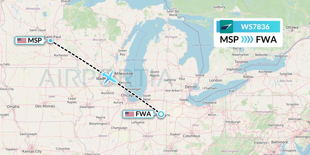 WS7836 WestJet Flight Map: Minneapolis to Fort Wayne