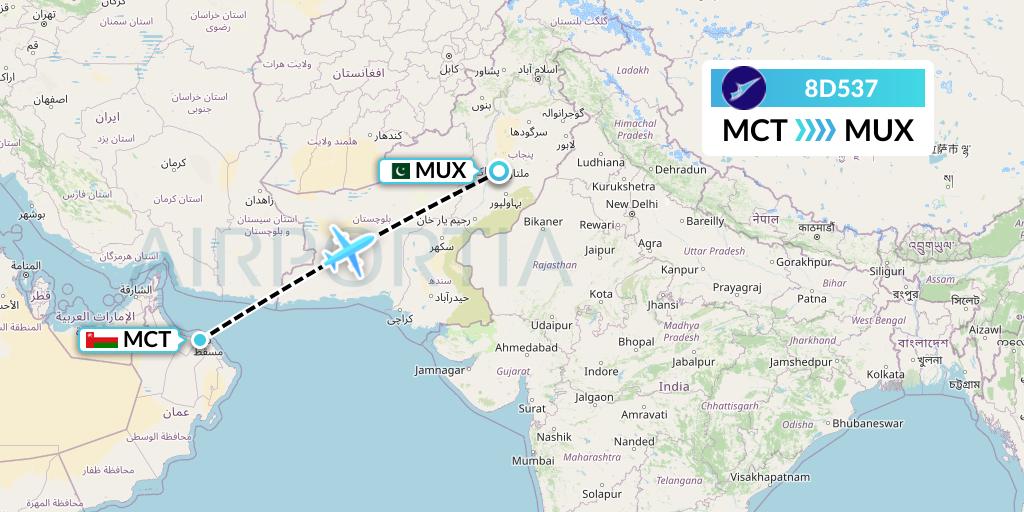 8D537 FitsAir Flight Map: Muscat to Multan