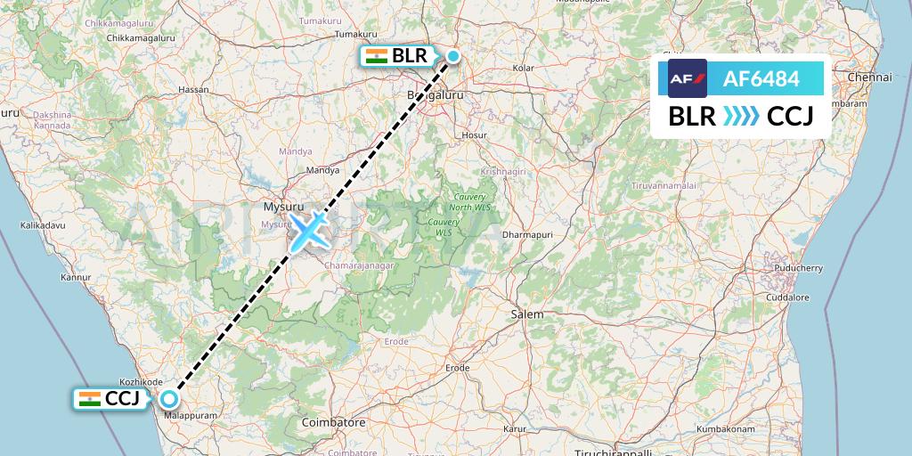 AF6484 Air France Flight Map: Bangalore to Kozhikode