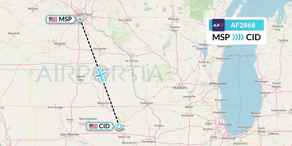 AF2868 Air France Flight Map: Minneapolis to Cedar Rapids