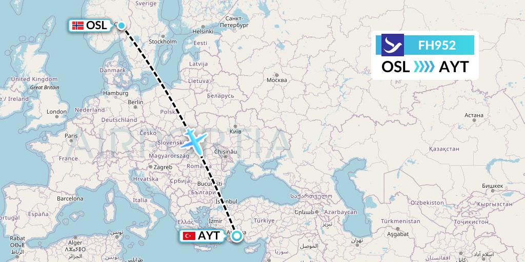 FH952 Freebird Airlines Flight Map: Oslo to Antalya