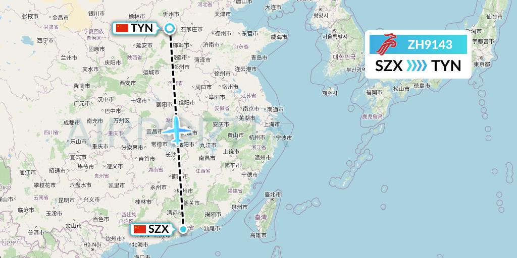 ZH9143 Shenzhen Airlines Flight Map: Shenzhen to Taiyuan