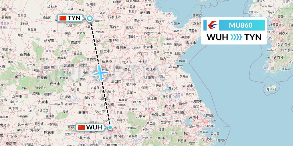 MU860 China Eastern Airlines Flight Map: Wuhan to Taiyuan