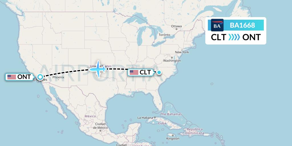 BA1668 British Airways Flight Map: Charlotte to Ontario