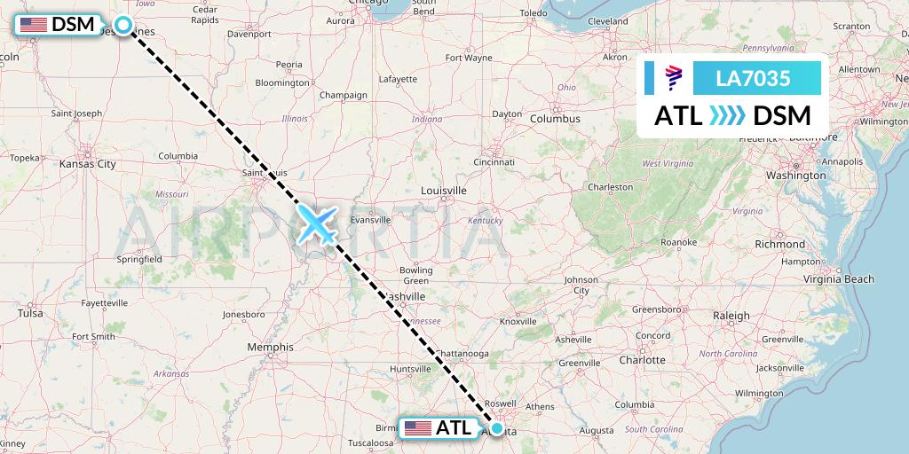 LA7035 LAN Airlines Flight Map: Atlanta to Des Moines