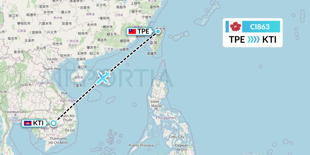 CI863 China Airlines Flight Map: Taipei to Kratie