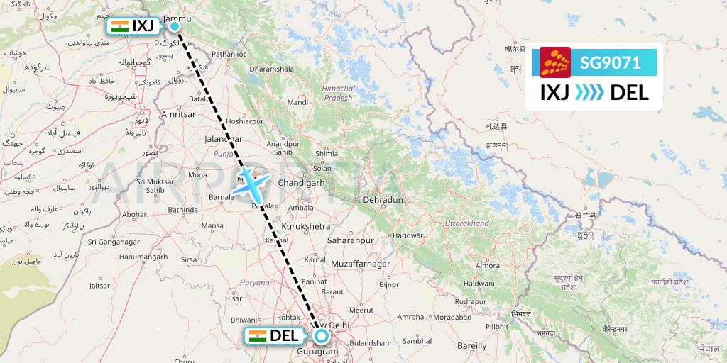 SG9071 SpiceJet Flight Map: Jammu to Delhi