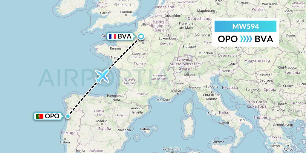 MW594 Mokulele Flight Service Flight Map: Porto to Paris