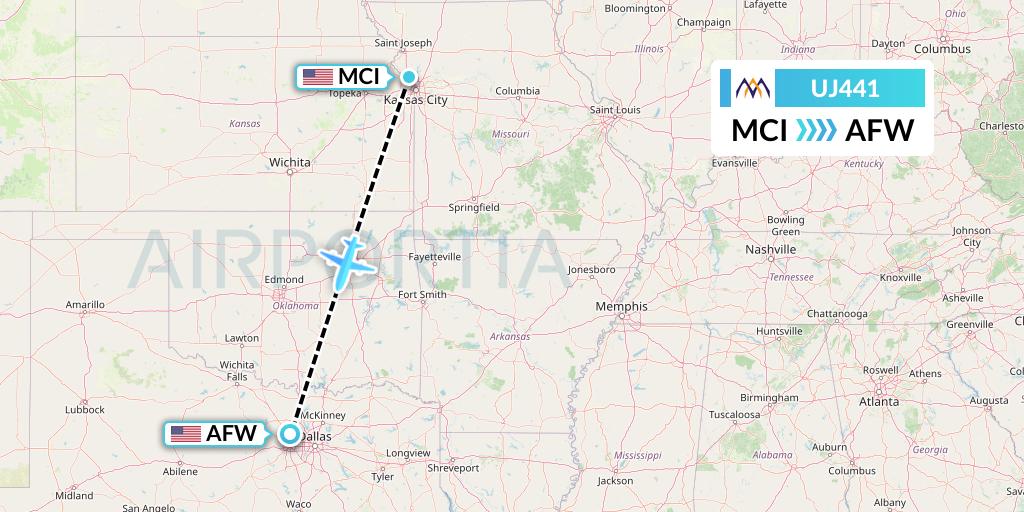 UJ441 AlMasria Universal Airlines Flight Map: Kansas City to Fort Worth