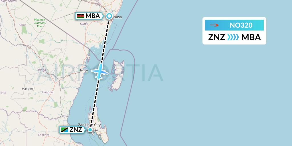 NO320 Neos Flight Map: Zanzibar to Mombasa